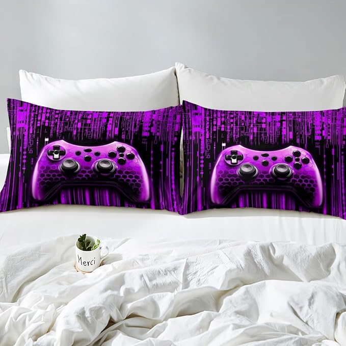 3D Games Gamepad Kids Sheet Full Size,Modern Videogaming Gamer Controller Bedding Set,Boys Girls Room Decor,Geometric Neon Lights Fashion Purple Bed Sheet Set 4pcs(Fitted + Flat + 2 Pillowcases)