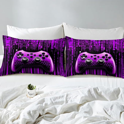 3D Games Gamepad Kids Sheet Queen Size,Modern Videogaming Gamer Controller Bedding Set,Boys Girls Room Decor,Geometric Neon Lights Fashion Purple Bed Sheet Set 4pcs(Fitted + Flat + 2 Pillowcases)