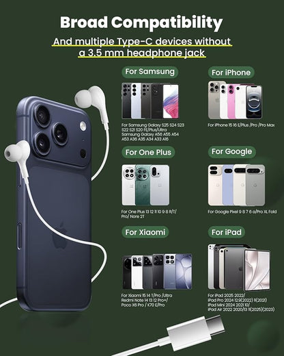 USB C Headphones Wired for iPhone 15 Plus 16 Pro Max 17 AIT Samsung Galaxy S26 S25 S24 S23 Ultra S22 A55 A56 A16 Earbuds in-Ear with Microphone Volume Control HiFi Usbc Headphones Type C iPad Pixel