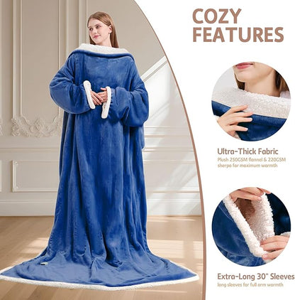 Heated Blanket, 55"×80" Wearable Electric Blanket with Sleeves, Sherpa Snuggle Throw Blanket, Warm Gift for Grandma, Mom, Dad, (Navy)