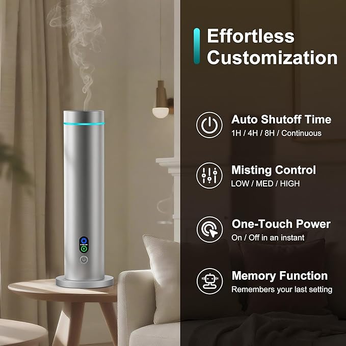 Maromalife Waterless Diffuser, 1000 Sq.Ft Coverage, Essential Oil Diffuser with Tilt-Safe, Remote Control, Adjustable Mist, Mood Lights Aromatherapy Diffuser for Home, Room, Office, Hotel, Metallic