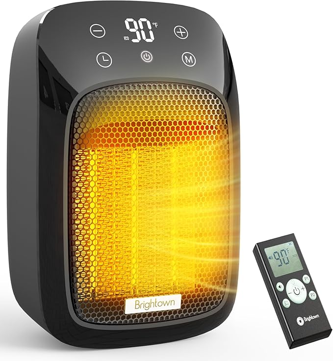 Brightown Wall Plug-in Heater for Indoor Use, 800W Small Electric Space Heater with Thermostat, Remote Control, Overheat Protection, LED Display, 12H Timer for Home Bedroom Office RV, Black
