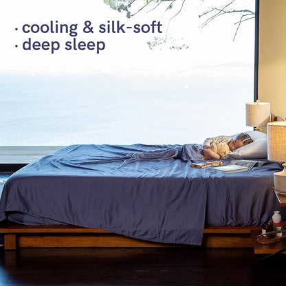 YnM Cooling Bed Sheet Set with 100 Percent Rayon Derived from Bamboo, 400TC Fabric with 2 Pillowcases and Flat Sheet, Deep Pocket Fit 19'', Silky-Soft & Sweat Wicking, 4 Piece (Queen, Blue Grey) …