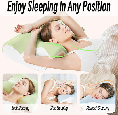 Ornatera Pillow, Restrelief Premium Ergonomic Pillow, Cleshy Ergonomic Pillow Silk Pillowcase, Memory Foam Ergonomic Pillows for Sleeping, Adjustable Cervical Pillow Cozy Sleeping(Green)