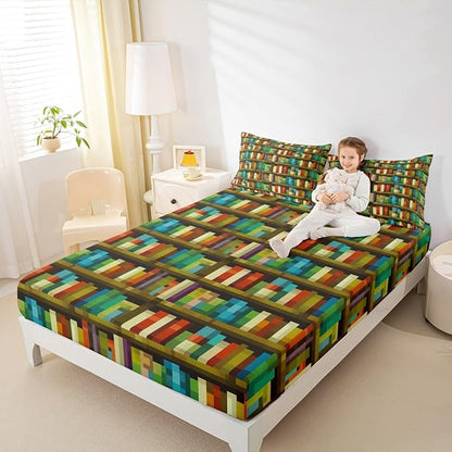 Pixel Video Game Boys Girls Bed Sheets,Bookshelf Pixelated Bookcase Room Decor,Gaming Geometric Grid Kids Twin Size Fitted Sheet,Colorful Bedding Set,1 Pillowcase(No Flat)