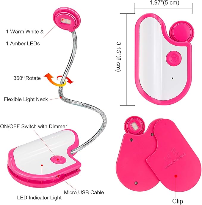 Amber Reading Light Rechargeable, Book Light Kids for Reading in Bed, Clip On Reading Book Light, 2 Lighting Modes, Blue Light Blocking for Eye-Care, Small Bookmark Light for Bookworm-Magenta