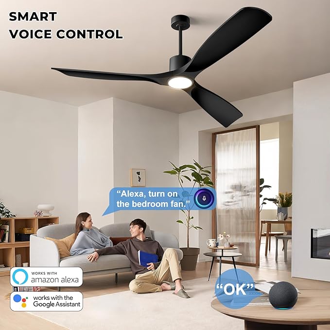 52"Smart Ceiling Fan with Lights,Outdoor Ceiling Fan Work with Alexa/Gg/App/Remote,3-Color Light Dimmable 6-Speed Quiet Reversible for Patio Porch Bedroom,Black