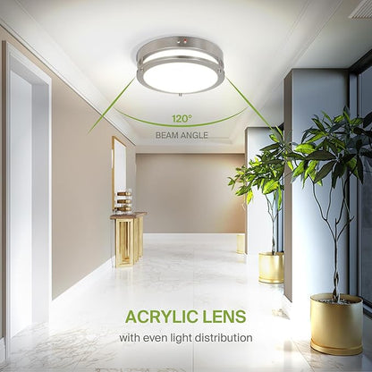 ASD LED 12" Round Flush Mount Lighting, Close to Ceiling Light Fixture | 3CCT, Dimmable, Battery Backup, ETL Listed | 20W 1876LM 3000-5000K 100-277V | Low Profile Double Ring Lamp | Nickel, 4 Pack