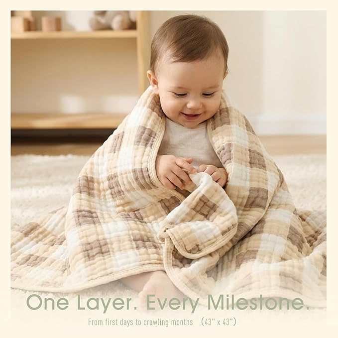 Ultra Soft Muslin Baby Blanket Made with Organic Cotton - Neutral Earth Tone Checkered Swaddle & Nursery Quilt, 43x43 (Beige-Coffee Checkered)