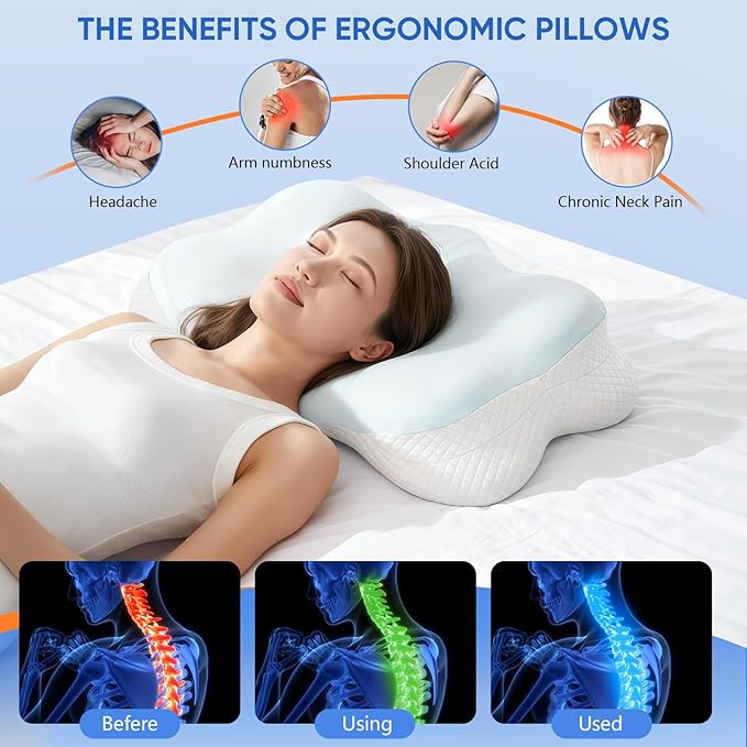 Cervical Pillow for Neck Pain Relief, Adjustable Ergonomic Contour with Orthopedic Memory Foam, Full Support for All Sleeping Positions (Side Back Stomach), Odorless (Blue-White)