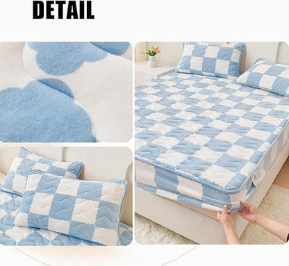 Milk Velvet Checkered Bedding Mattress Cover, Super Soft Elastic Bed Sheets with Pillowcase - Washable 12'' Deep Pocket Mattress Pad