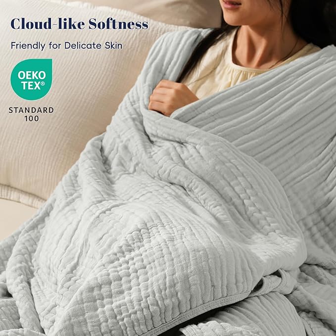 PHF Cooling Muslin Blanket Queen Size 90"x80", 6-Layer Lightweight Gauze Blanket Made from 35% Rayon Derived from Bamboo & 65% Cotton, Breathable & Ultra Soft Cozy for Hot Sleepers, Harbor Mist