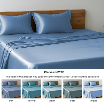LINENWALAS Queen Flat Sheet Only - Rayon Derived from Bamboo Silk Bed Sheet, Premium Breathable Cooling Sheet, Soft Top Sheet (Queen, Bahamas Blue)