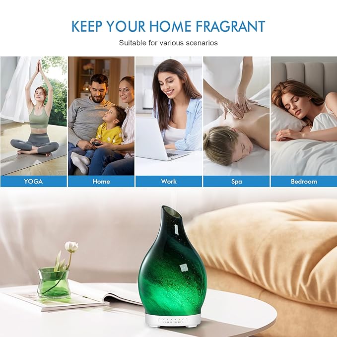Aromatherapy Diffuser Essential Oil Diffuser - Glass Diffuser Ultrasonic Cool Mist Aroma Diffuser 150ml Scented Oil Diffuser with Auto-Off Protection & 7 Colors Night Light for Home Office Decor&Gift