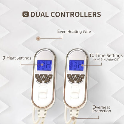 Bwarm Premium Multi-Zone Electric Heated Mattress Pad King Size, 78" x 80", Dual Controllers, 9 Heat Settings, 1-12 Hours Auto Off, Individual Body and Feet Settings, Machine Washable