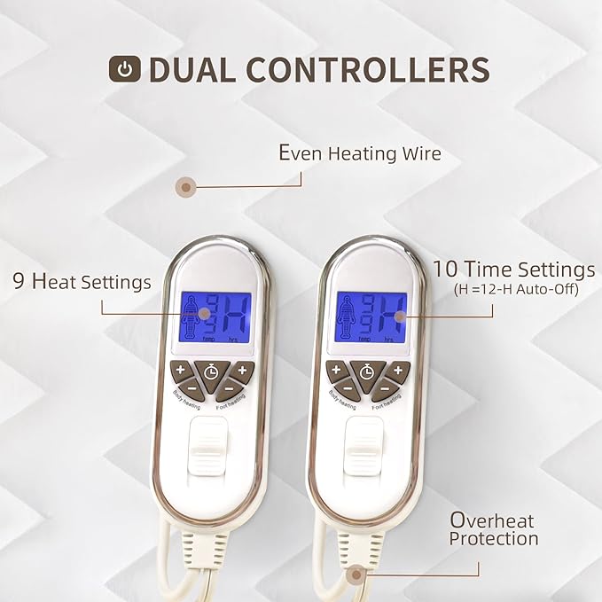 Bwarm Premium Multi-Zone Electric Heated Mattress Pad Queen Size, 60" x 80", Dual Controllers, 9 Heat Settings, 1-12 Hours Auto Off, Individual Body and Feet Settings, Machine Washable
