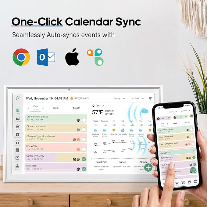 Digital Calendar 15.6 Inch Smart Electronic Family Planner with Chore Chart Display, IPS HD Touch Screen with WiFi App Control, Share Photos, Videos and Sound Reminder,white