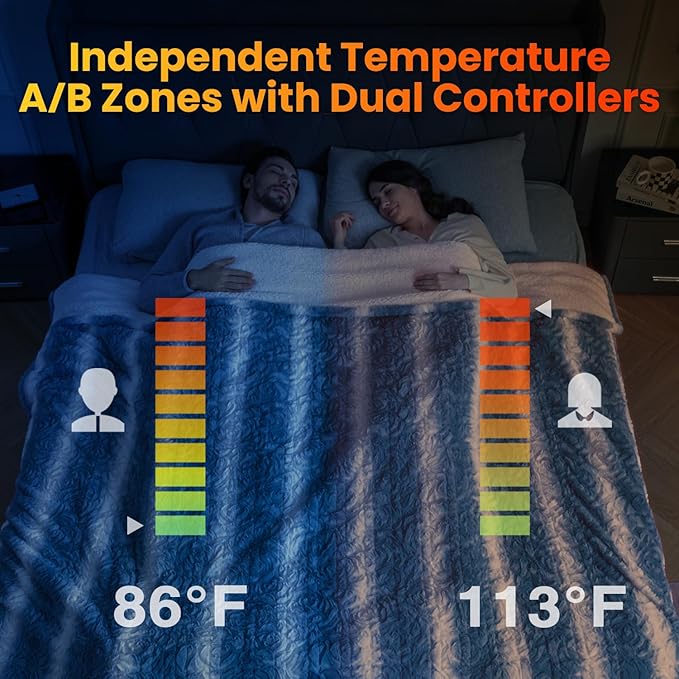 WOOMER Heated Blanket Queen Size 84" x 90", Electric Blanket with Dual Controls, 0.5-12 Hours Timer & 10 Heating Levels, ETL Certified, Blue White Flowers Patterns Faux Fur & Sherpa, Machine Washable