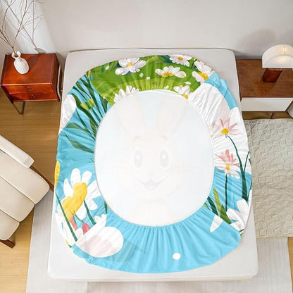 Happy Easter Bed Sheet Queen Size Cartoon Rabbit Spring Flowers Bedding Set Easter Egg Kawaii Animal Fitted Sheet Kids Boys Girls Room Decor Blue Colorful Soft Sheets with 2 Pillowcase,No Top Flat