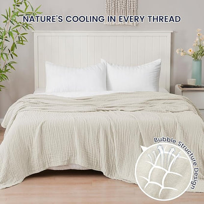 PHF Cooling Muslin Queen Blanket for Hot Sleepers, 60% Viscose from Bamboo, 40% Cotton and 4-Layer Breathable Gauze Blanket for Bed Couch, 90"x90", Oat Milk