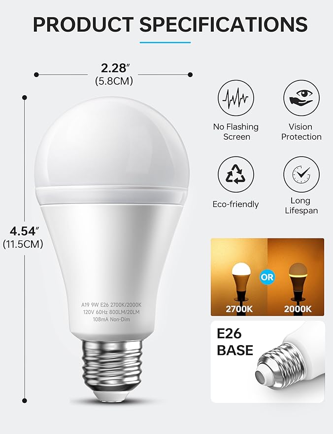 KINDEEP Light Bulbs, E26 Blue Light Blocking Dim Bulbs with 2 Modes, 0.5W Amber Light with 20lm 2000K, 9W Equivalent 60W, 800lm 2700K, Ideal for Lamp, Bedroom, Mood Soothing, Sleep & Nursery, 4 Pack