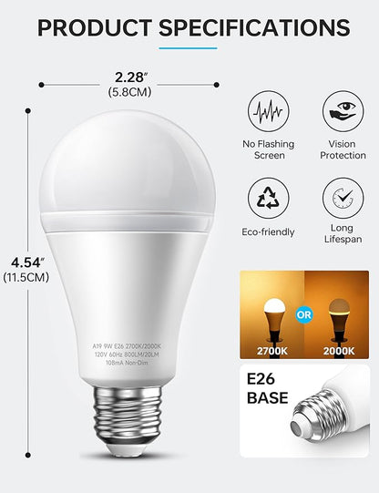 KINDEEP Light Bulbs, E26 Blue Light Blocking Dim Bulbs with 2 Modes, 0.5W Amber Light with 20lm 2000K, 9W Equivalent 60W, 800lm 2700K, Ideal for Lamp, Bedroom, Mood Soothing, Sleep & Nursery, 4 Pack