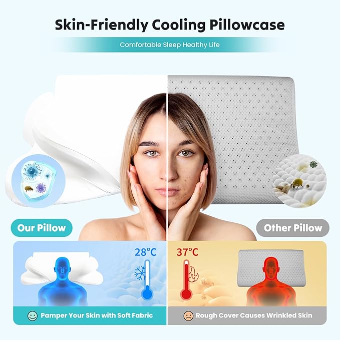 Sweetcrispy Cervical Neck Pillow - Contour Memory Foam Pillow for Neck Pain Relief with Cooling Pillowcase, Ergonomic Orthopedic Support for Side Back Stomach Sleepers, White