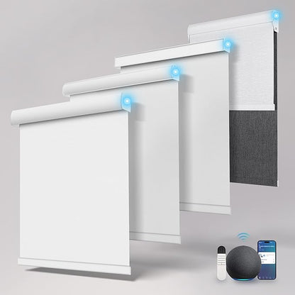 BERISSA Motorized Blinds with Remote,Blackout Smart Roller Shades with App,Voice Control,Linen Fabric,Thermal Insulated Automatic Blinds,Electric Shades with USB/Solar Pannel.Linen White