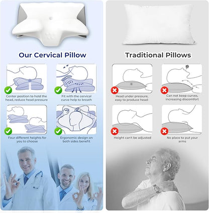 Cervical Pillow for Neck Pain Relief, Cooling Contour Memory Foam Pillows Support Odorless Ergonomic Neck Pillow Adjustable Orthopedic Bed Pillow for Side Back Stomach Sleeper with Pillowcase