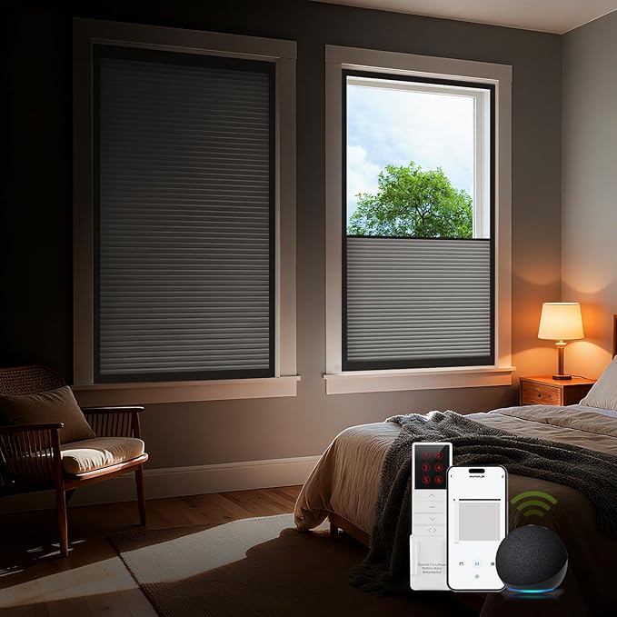 ZSTARR Motorized Skylight Shades Blackout Cellular Honeycomb Electric Blinds with Solar Panel Cordless Rechargeable with Remote for Roof and Slanted Windows Custom Size (Black Out Light Grey)