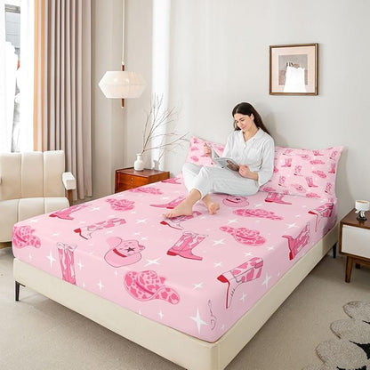 Cowgirl Pink Bed Sheet Set 3 Pieces,Western Cowgirl Boots Hats Tribal Microfiber Bedding Set Without Flat,Cartoon Lightning Pink Cowhide Starry Fitted Sheet,2 Pillow Cases,Full Size