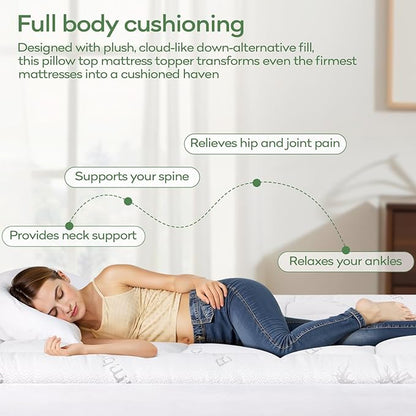 OLANLY Full Mattress Topper – Viscose Made from Bamboo, Cooling Soft Full Pillow Top Mattress Pad for Back Pain Relief, Plush Down Alternative Fill Bed Topper with Elastic Deep Pocket, White