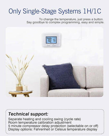 Non Programmable Thermostat for Home 1 Heat/ 1 Cool Single-Stage System, with Room Temperature Monitor (LCD White Backlit Screen)