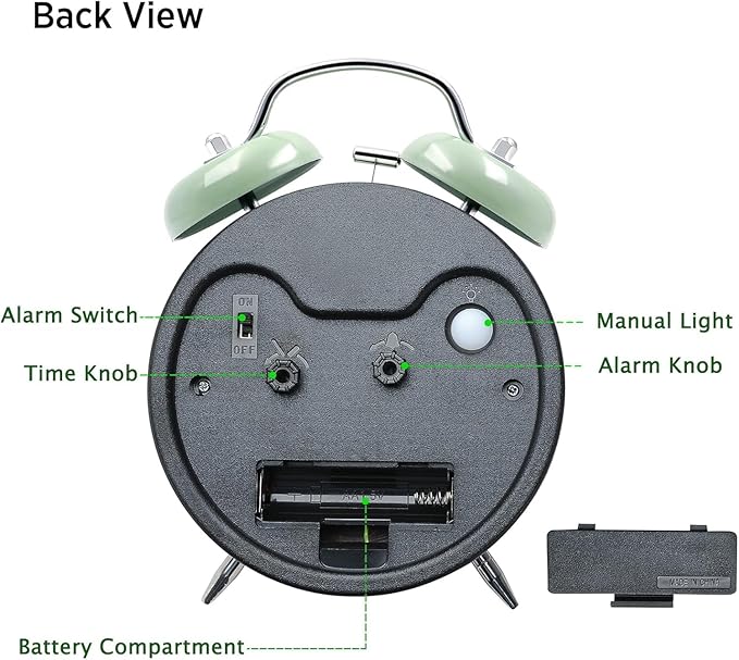 Loud Alarm Clock for Heavy Sleepers Adults, Metal 4 Inches Twin Bell Battery Operated Alarm Clocks for Bedrooms Decoration, Silent Non-Ticking Back-to-School Gift (Mint Green)