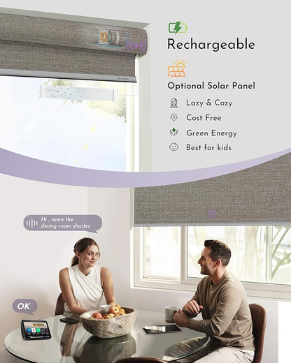 Graywind Motorized 100% Blackout Roller Shades Compatible with Alexa Google via Hub Window Blinds Remote Control Rechargeable Battery Motor with Valance for Smart Home and Office (Grey Brown)