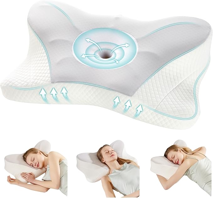 DUMOS Cervical Neck Pillow, Cooling Ergonomic Memory Foam Pillows for Neck Pain Relief with Breathable Pillowcase, Dual Height Orthopedic Support Contour Pillow for Side, Back, Stomach Sleepers, Grey