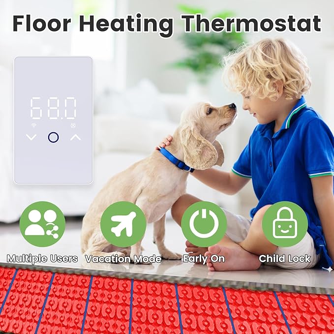 MAXKOSKO 4Pcs WiFi Smart Thermostat for Electric Floor Warming System with Touchscreen LED Display 120V/240V, Easy Connection & Energy Saving Home Programmable Thermostat White