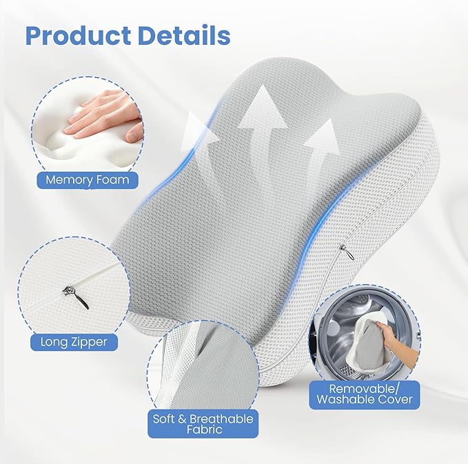 JINXIA Knee Pillow for Side Sleepers, Comfortable Memory Foam Leg Pillow for Side Sleeping, Pillow Sleeping Between Legs Aligns Spine, for Hip, Back & Sciatica Pain Relief, White and Gray