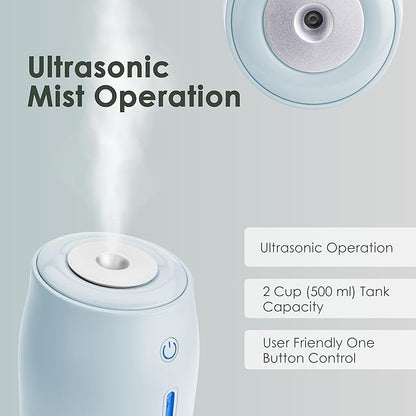 Aqua Glo Personal Humidifier – Ultrasonic Cool Mist, Rechargeable Battery for 15 Hours Use, 2-Cup Water Tank, Quiet Operation. Ideal for Travel, Office, Bedroom, Plants, and Home. Blue Mist