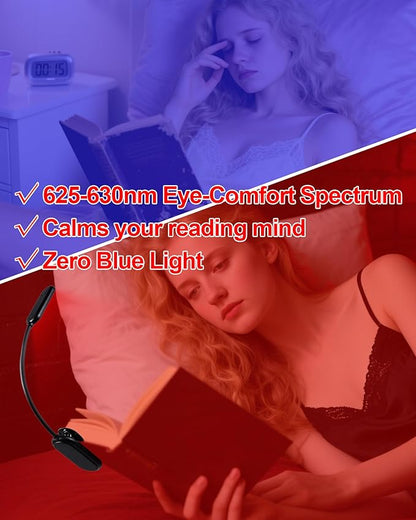 625nm Red Book Light [2 Pack] - Zero Blue Light, Rechargeable Clip On Red Reading Light Lamp for Reading at Night - Poratble Dimmable LED Book Lamp, Gift for Lovers Travel Studying Nursing