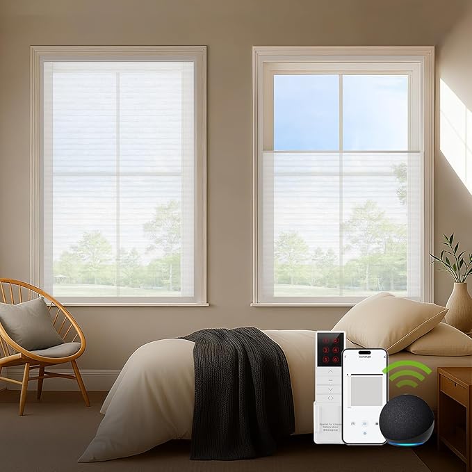 ZSTARR Motorized Skylight Shades Blackout Cellular Honeycomb Electric Blinds with Solar Panel Cordless Rechargeable with Remote for Roof and Slanted Windows Custom Size (Sheer White Metal)