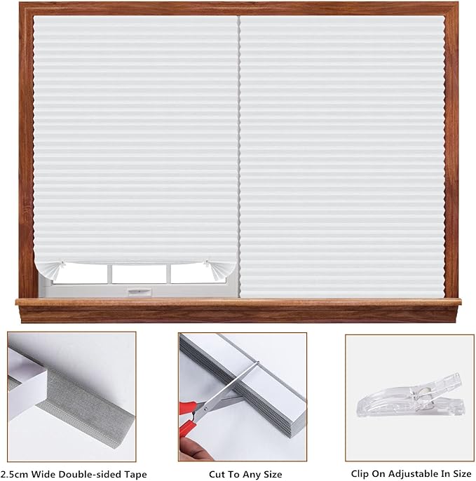 Window Blinds Cordless No Drill Cut to Size Clip On Stick On Self Adhesive Temporary Blinds Pleated Paper Blinds for Windows Doors Shades for Home Nursery Bedroom Kitchen Bathroom