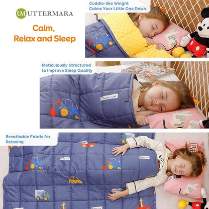 Uttermara Weighted Blanket 3 lbs, Ultra Cozy Minky Fleece and Cotton Sided with Cartoon Patterns, Reversible Heavy Blanket Great for Sleeping, 36x48 inches, Blue Car World