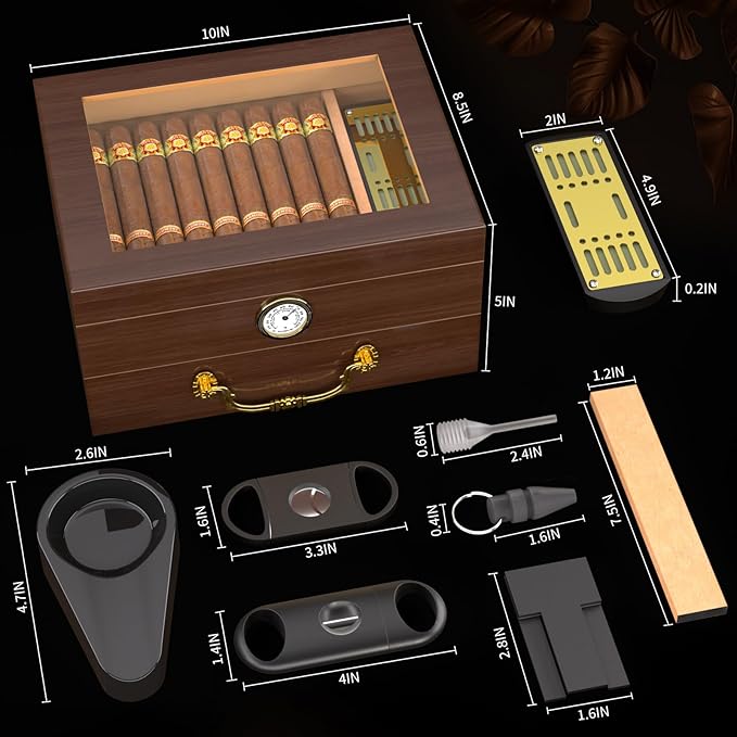 Spanish Cedar Cigar Humidor Box with Accessories and Humidifier - Glass Cover and Storage Drawer - Desktop Cigar Holder for Men - Portable Travel Case - Small Table Top Humidors for 20-50 Cigars