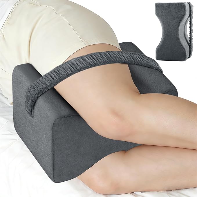 Knee Pillow for Side Sleepers, Memory Foam Leg Pillow with Strap for Side Sleeping, Supportive Elevation Pillow Between Legs for Knee, Ankle Sciatica, Pregnancy, Joint Pain (Gray/Plus)