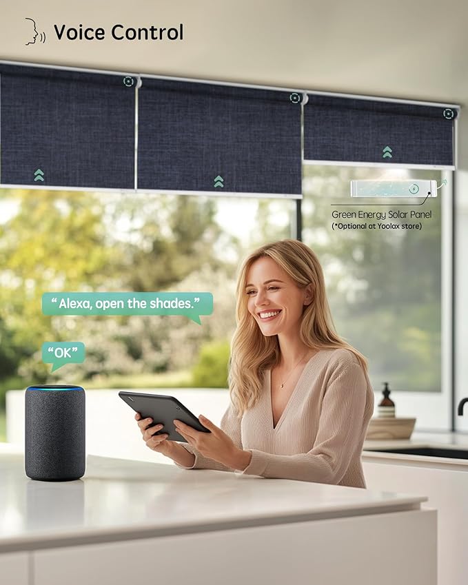 Yoolax Motorized Blinds with Remote, Blackout Smart Blinds for Windows Motorized Roller Shades, Automatic Window Shades Work with Alexa Custom Size (Blackout-Fabric Navy Blue)