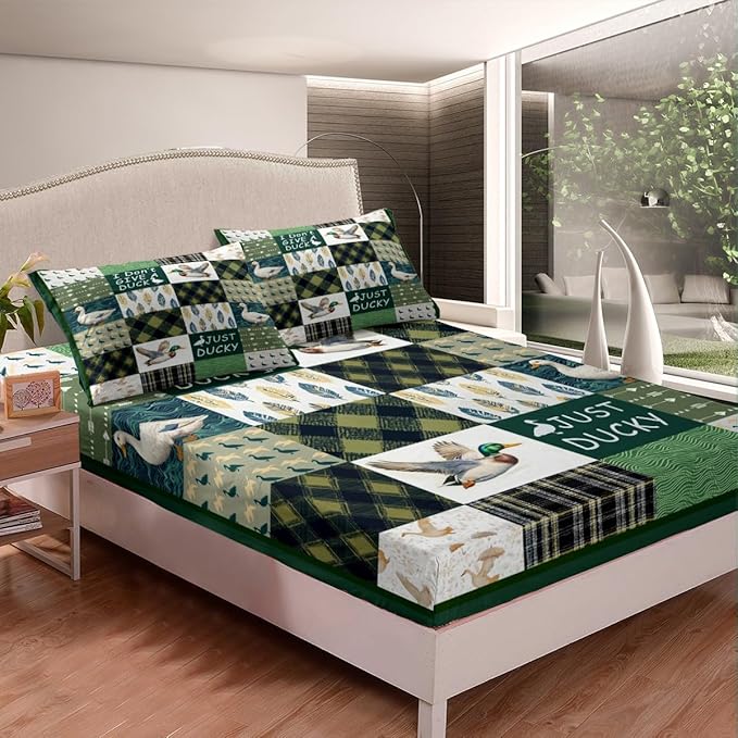 Mallard Duck Kids Fitted Sheet Queen Size,Geometric Grids Arrows Patch Bedding Set,Boys Girls Room Decor,Hunting Animal Wildlife Rustic Cabin Bed Cover,Green Bed Sheet,2 Pillowcases(No Top Sheet)