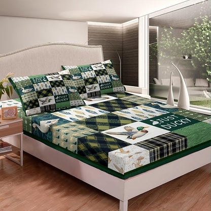 Mallard Duck Kids Fitted Sheet Full Size,Geometric Grids Arrows Patch Bedding Set,Boys Girls Room Decor,Hunting Animal Wildlife Rustic Cabin Bed Cover,Green Bed Sheet,2 Pillowcases(No Top Sheet)