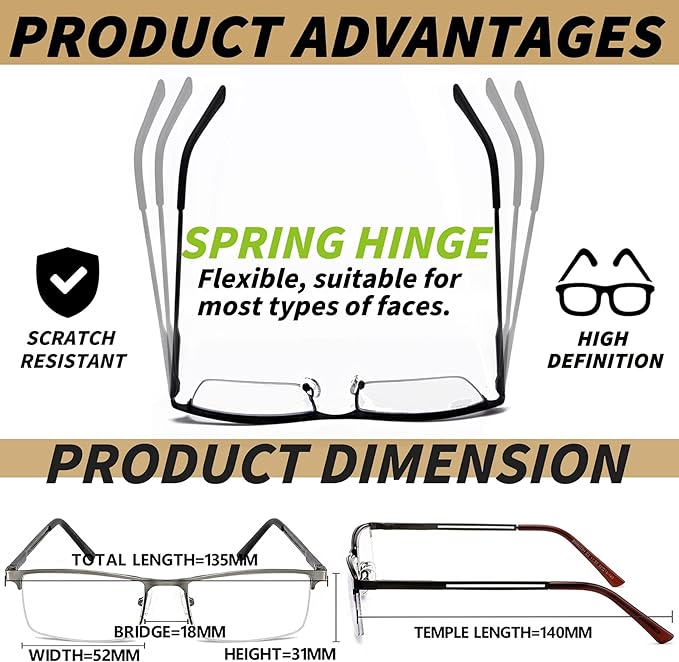 JJWELL 3 Pack Mens Reading Glasses Blue Light Blocking, Metal Rectangle Semi Rimless Readers for Men, Anti Eyestrain/Computer Glare/UV, Half Frame Spring Hinge Eyeglasses with Pouches(3.25)