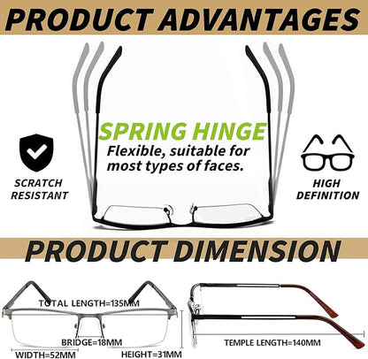 JJWELL 3 Pack Reading Glasses for Men Blue Light Blocking, Lightweight Metal Rectangle Semi Rimless Readers for Men, Anti Eyestrain/UV, Half Frame Spring Hinge Eyeglasses with Pouches 400